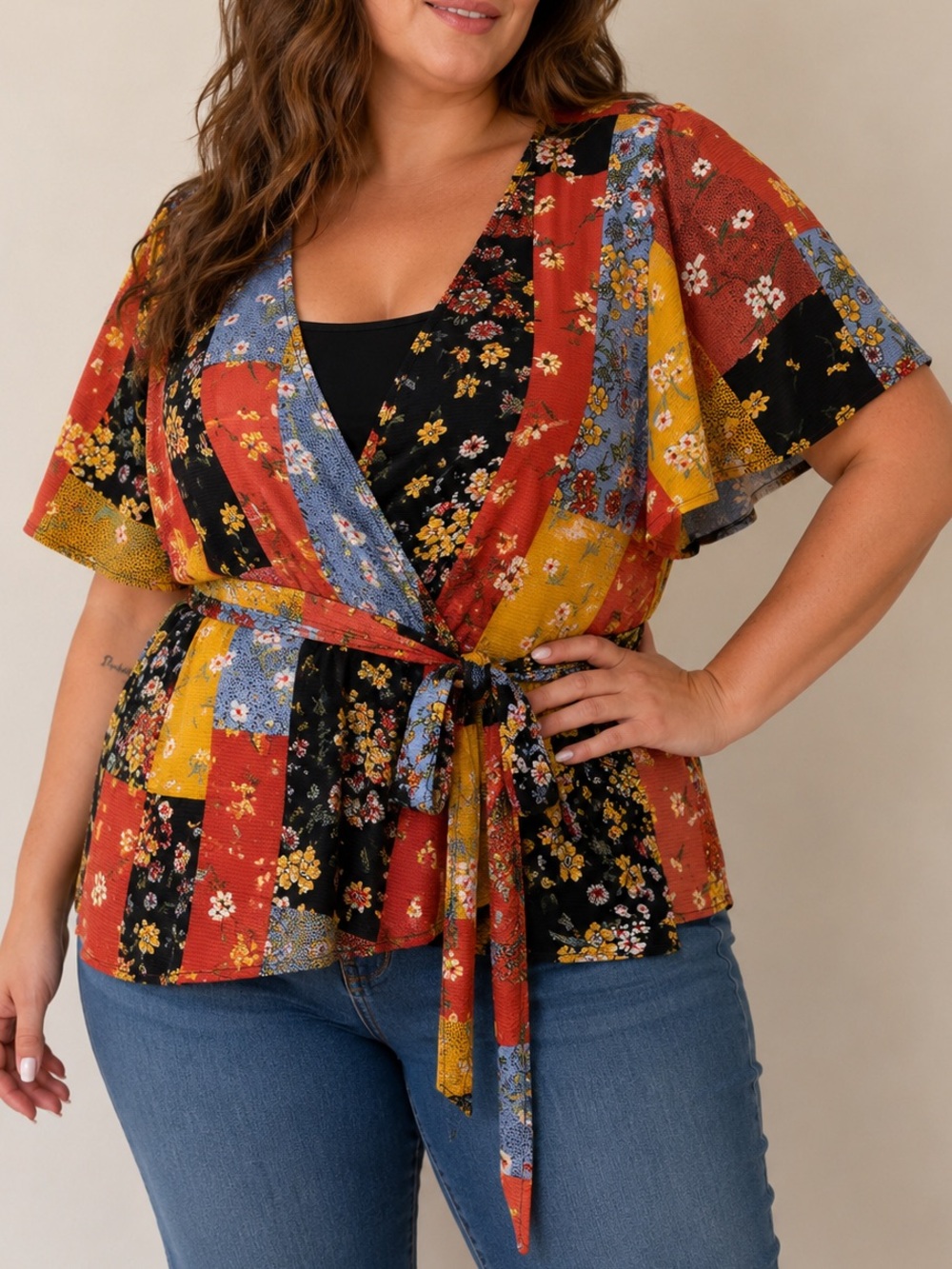 A MTL 1980 Patchwork Floral Tie Front Kimono Cardigan Plus Size 2X